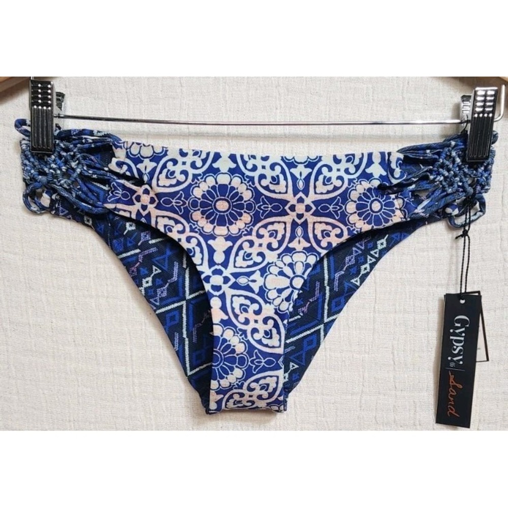Gypsy 05 Sand Blue Abstract Bikini Bottom Swim Crochet Sides Beach Surf‎ NWT